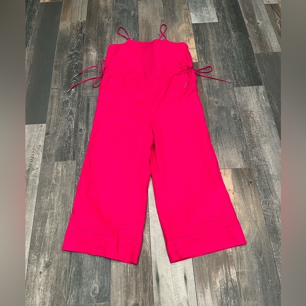 NWT $198 Magaschoni Linen Open Needlework Pintuck Wide Leg Lined Jumpsuit sz S